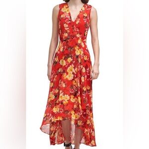 Calvin Klein Floral Red and Yellow Women's V-neck Dress